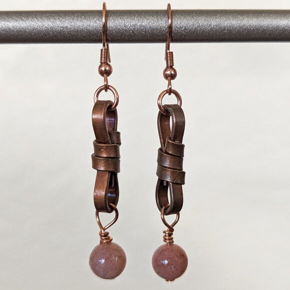 Southwestern Mauve Pink Moonstone Copper Knot Dangle Earrings - Picture 1 of 2